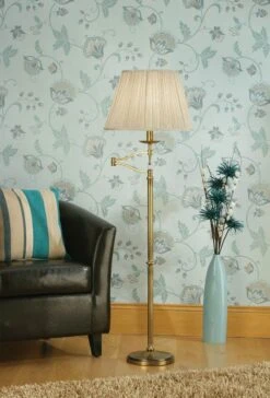 Interiors 1900 CA1FSASH-W-CA1FSAB New Classics Stanford Antique Brass Swing Arm Floor Lamp & Beige Shade