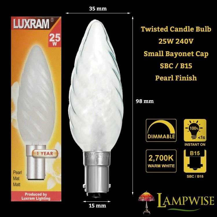 Luxram 25W 240V SBC/B15 Small Bayonet Twisted Pearl Candle Light Bulb 2 Luxram 25W 240V SBC/B15 Small Bayonet Twisted Pearl Candle Light Bulb - Image 2