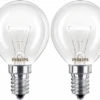 2x Philips 40W 230V SES E14 Dimmable 2700K Warm White P45 Round Clear Light Bulb