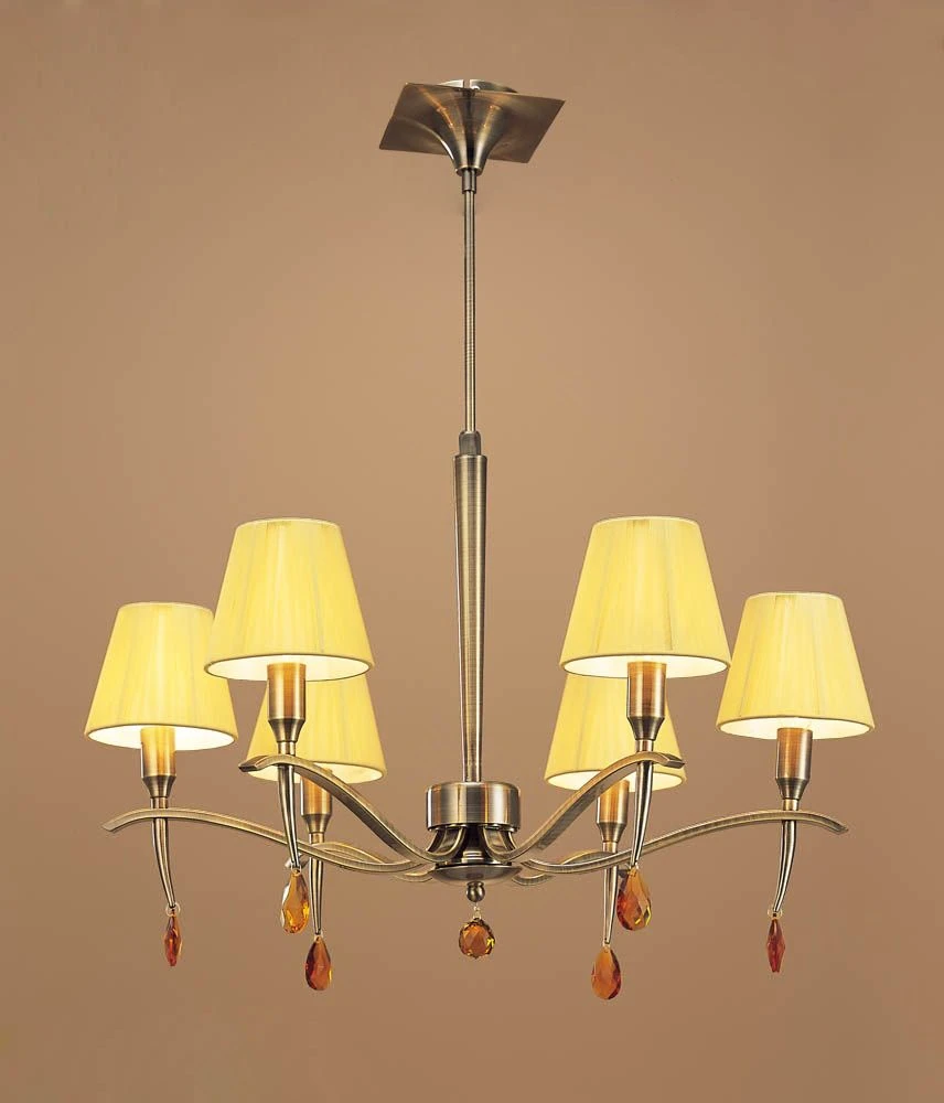 Mantra M0342AB Siena Pendant Round 6 Light E14, Antique Brass With Amber Cream Shades And Amber Crystal 1 Mantra M0342AB Siena Pendant Round 6 Light E14, Antique Brass With Amber Cream Shades And Amber Crystal