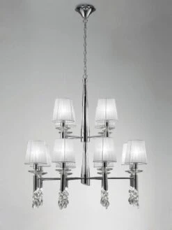 Mantra M3850 Tiffany Pendant 2 Tier 12+12 Light E14, Polished Chrome With White Shades & Clear Crystal