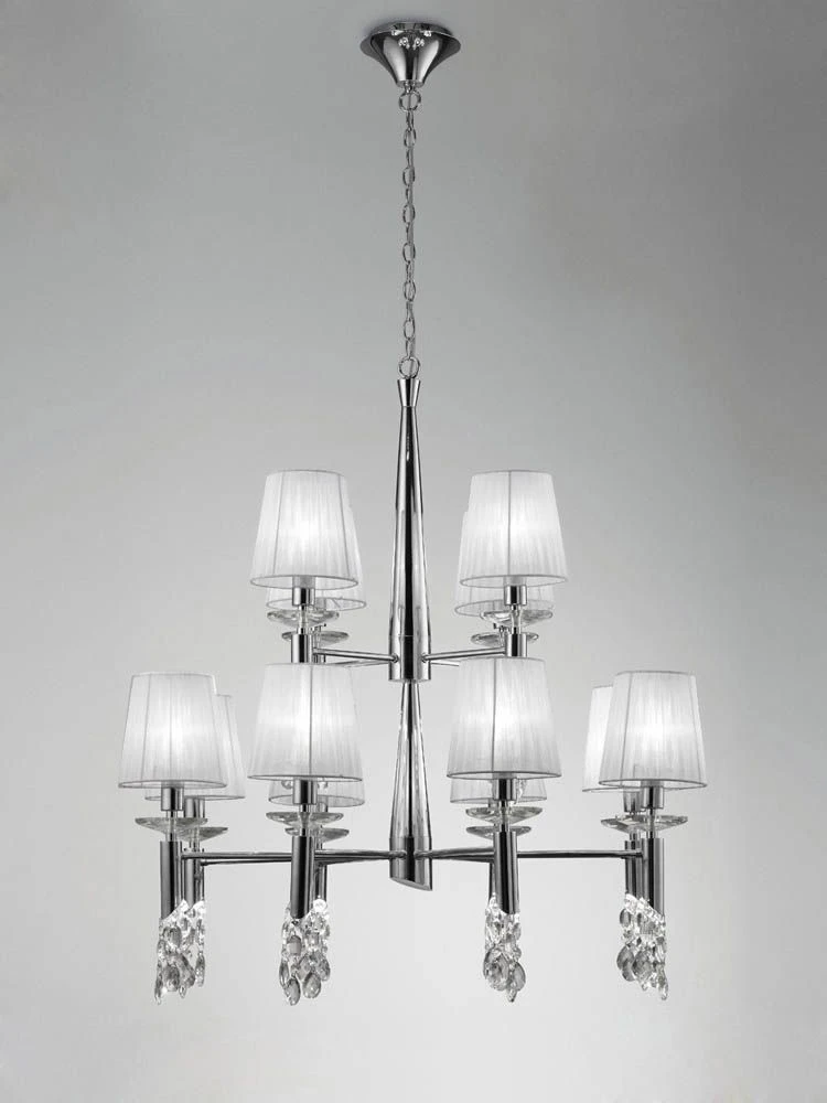 Mantra M3850 Tiffany Pendant 2 Tier 12+12 Light E14, Polished Chrome With White Shades & Clear Crystal 1 Mantra M3850 Tiffany Pendant 2 Tier 12+12 Light E14, Polished Chrome With White Shades & Clear Crystal