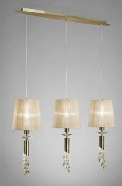 Mantra M3875 Tiffany Pendant 3+3 Light E27 Line, Antique Brass With Soft Bronze Shades & Clear Crystal