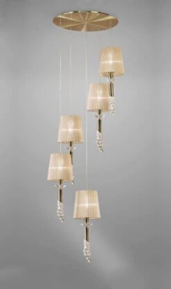 Mantra M3877 Tiffany Pendant 5+5 Light E27 Spiral, Antique Brass With Soft Bronze Shades & Clear Crystal